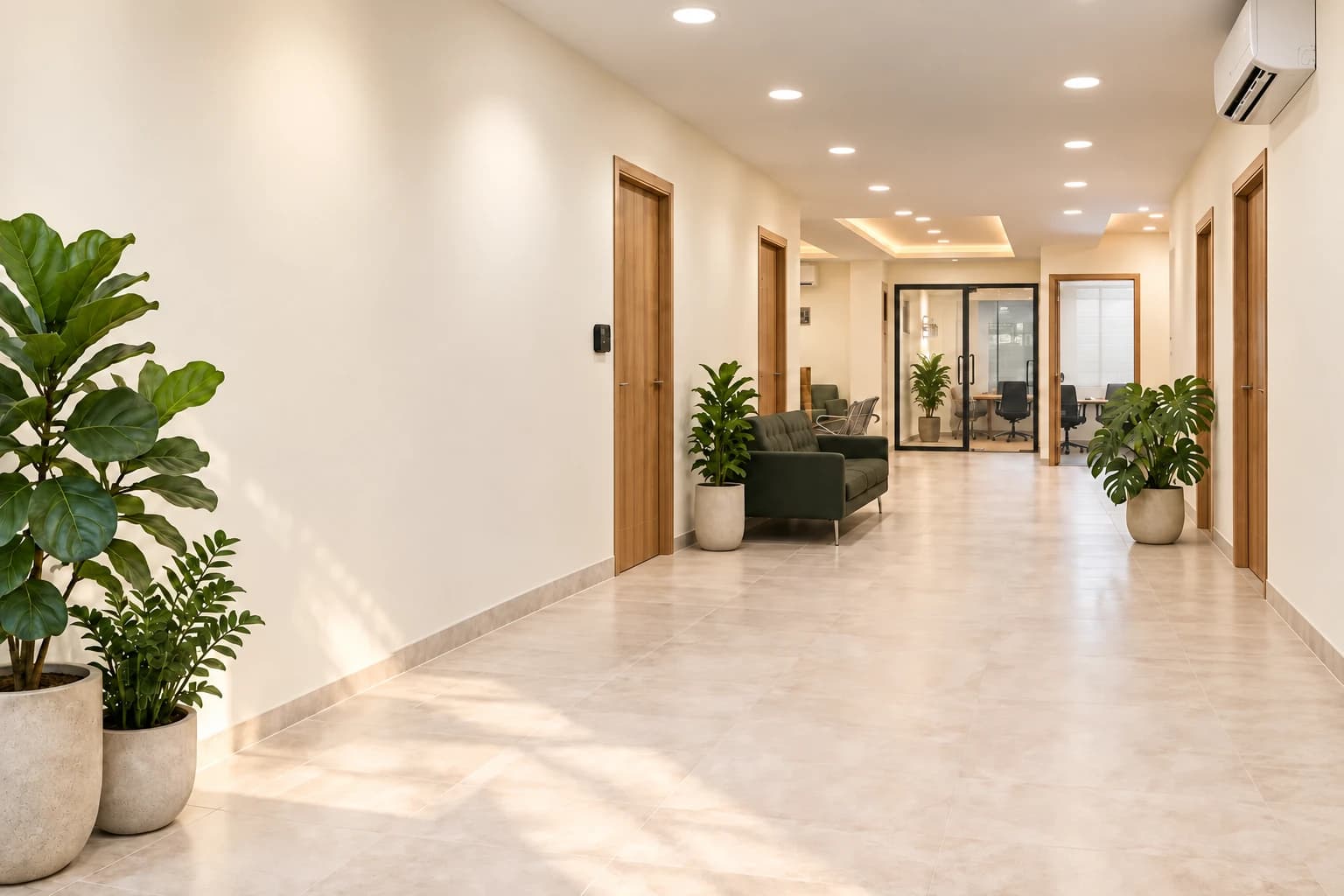 Generated view of an empty, sunlit coworking corridor with oak doors, plants and glass meeting rooms