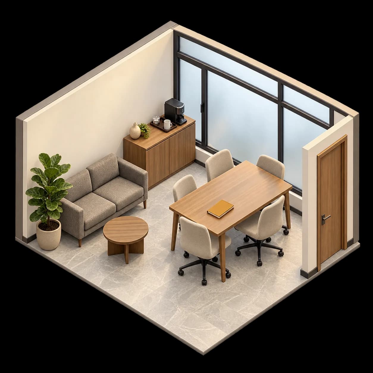 Isometric cutaway illustration of an enclosed private team office