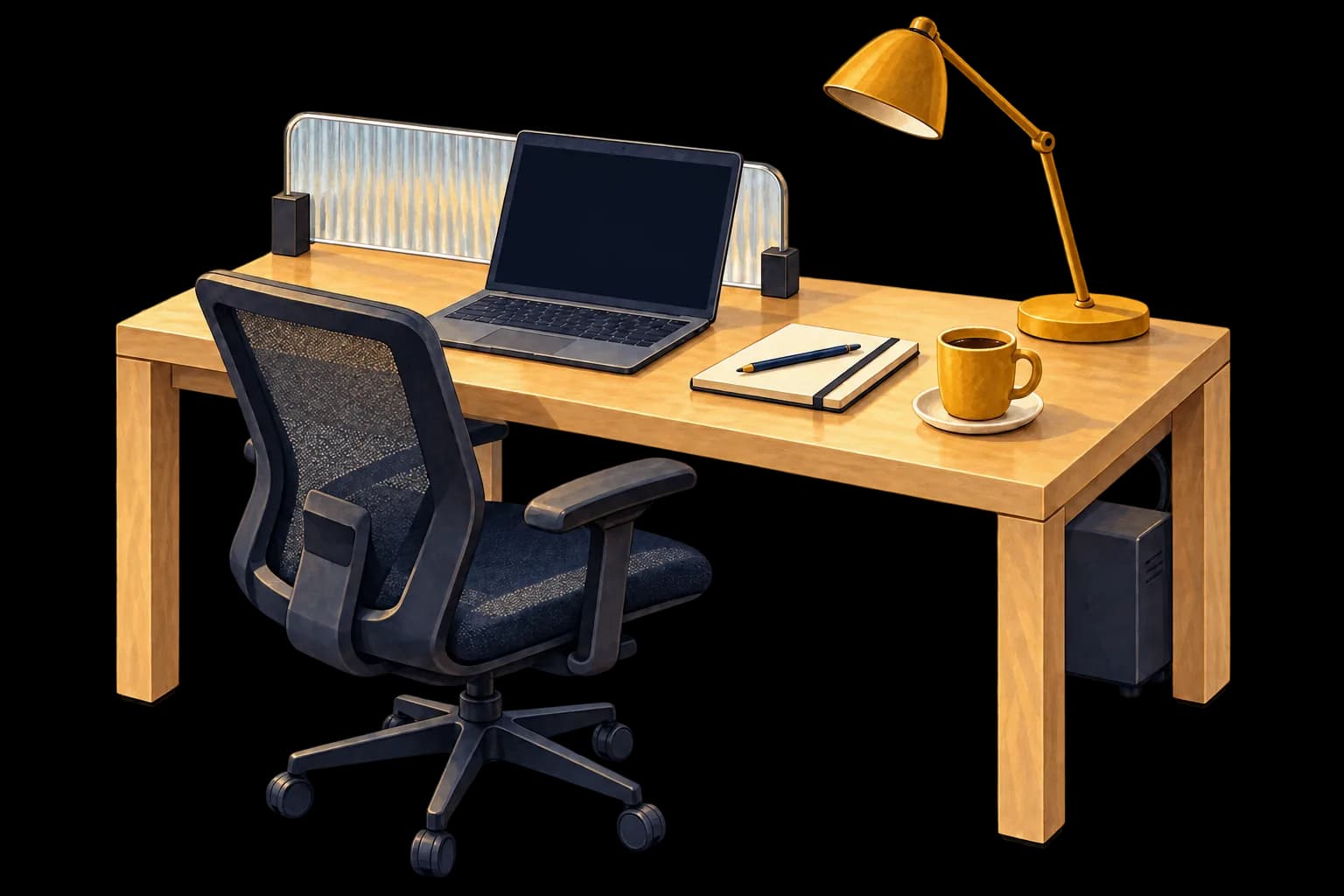 An oak workstation with a laptop, task lamp, coffee and notebook, ready for a working day