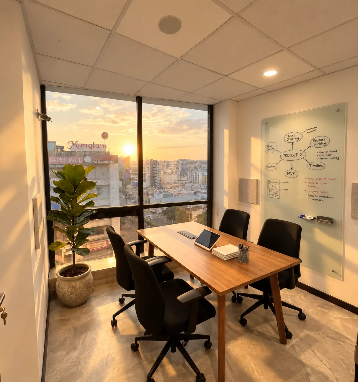Four-seat cabin with a walnut table, a glass whiteboard and a window over the city