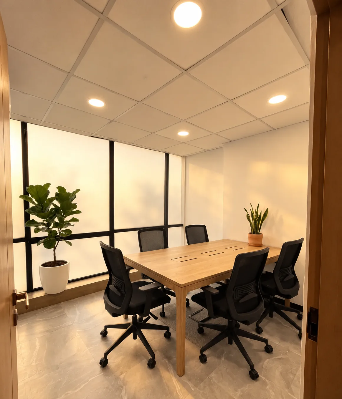 Five-seat cabin with an oak table, mesh chairs and frosted windows