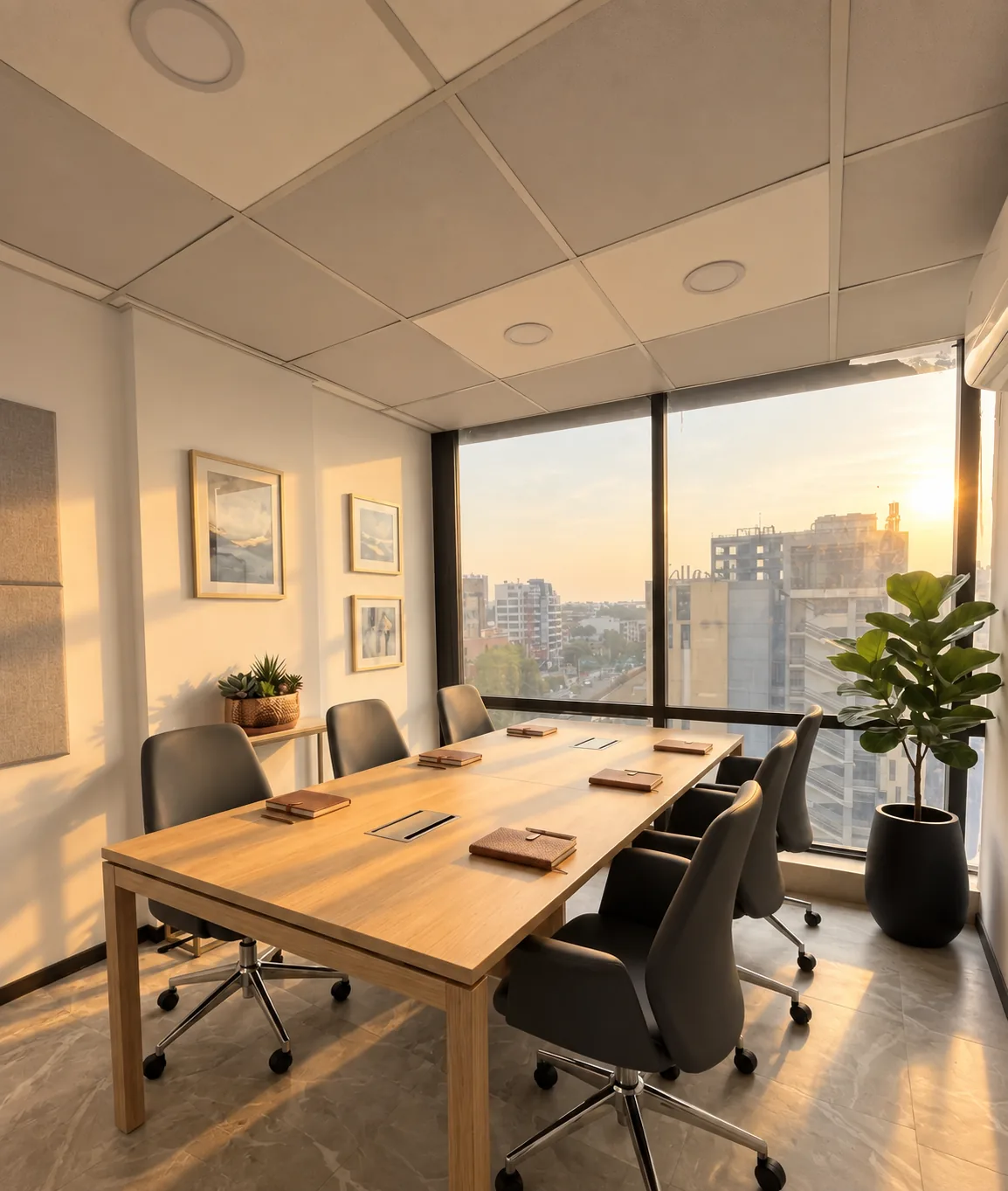 Six-seat cabin with an oak table, framed prints and a window over the city