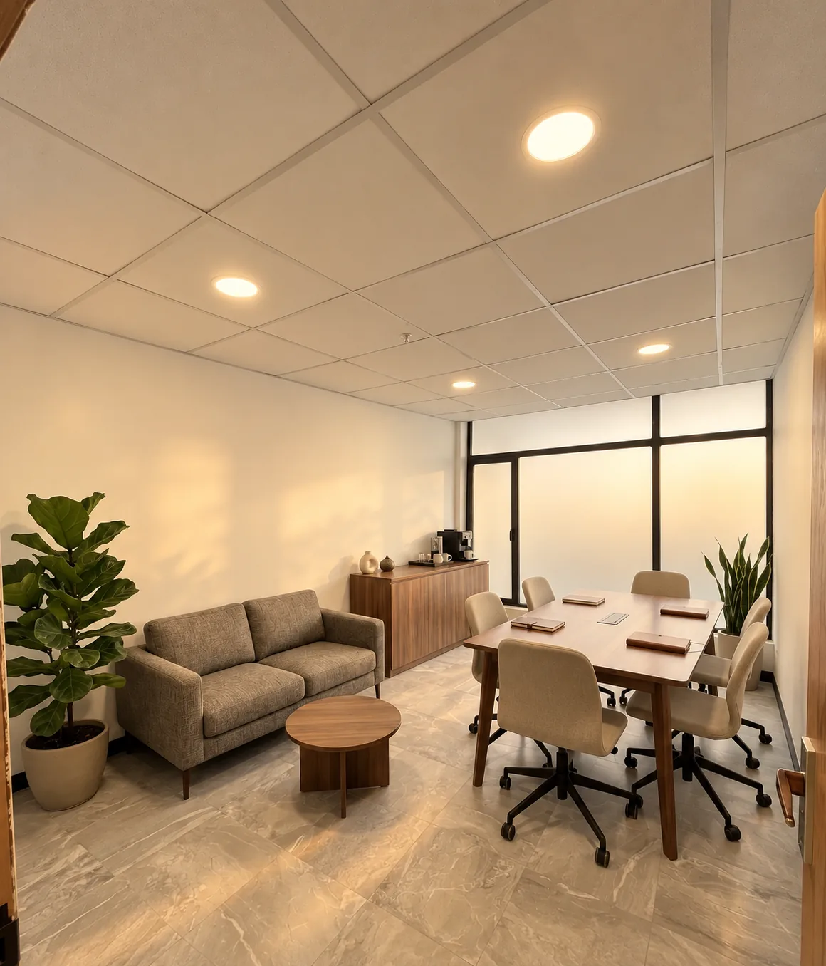 Meeting room with a table and chairs, a two-seat sofa, a coffee station and frosted windows